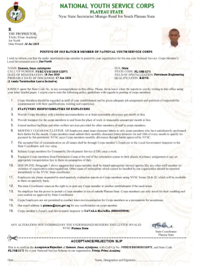 Acceptance Letter Format for NYSC 